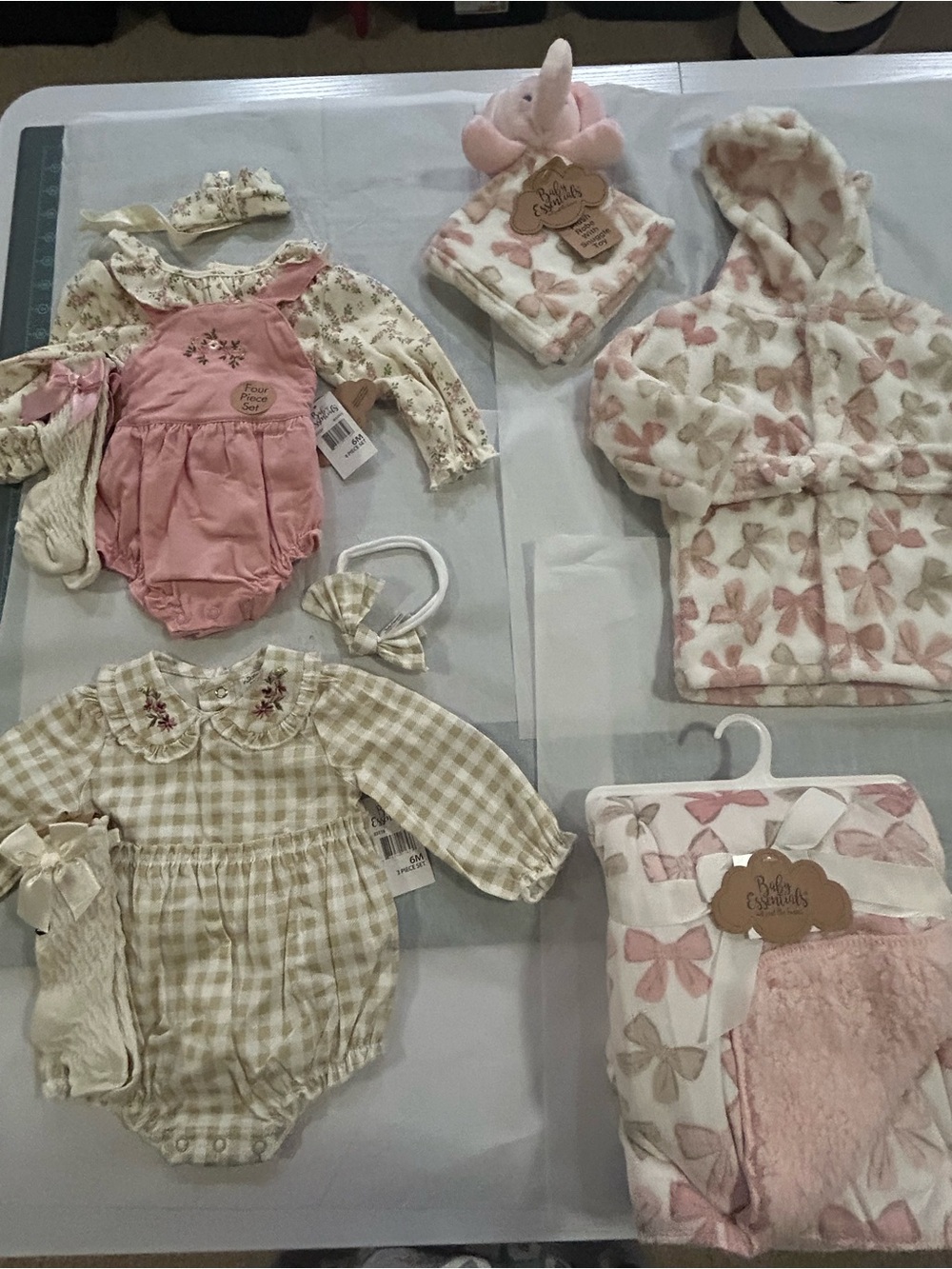 NWT Baby Essentials Girl Set Lot - Plush Robe Toy & 2 Outfit Sets with blanket